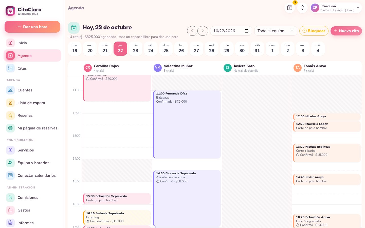 Agenda del día con las citas de cada profesional
