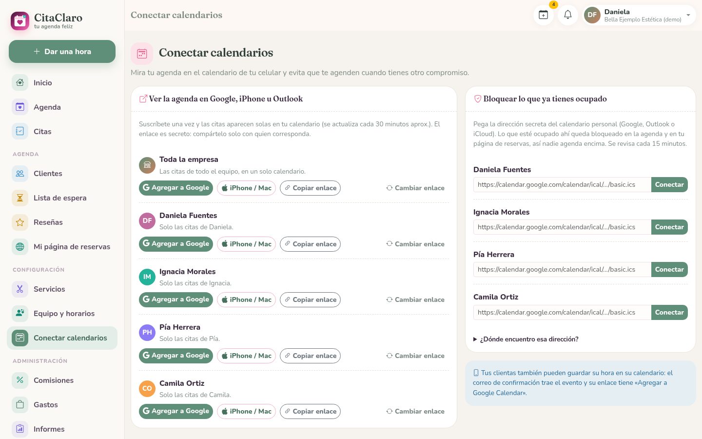 Pantalla para conectar Google Calendar, iPhone y Outlook