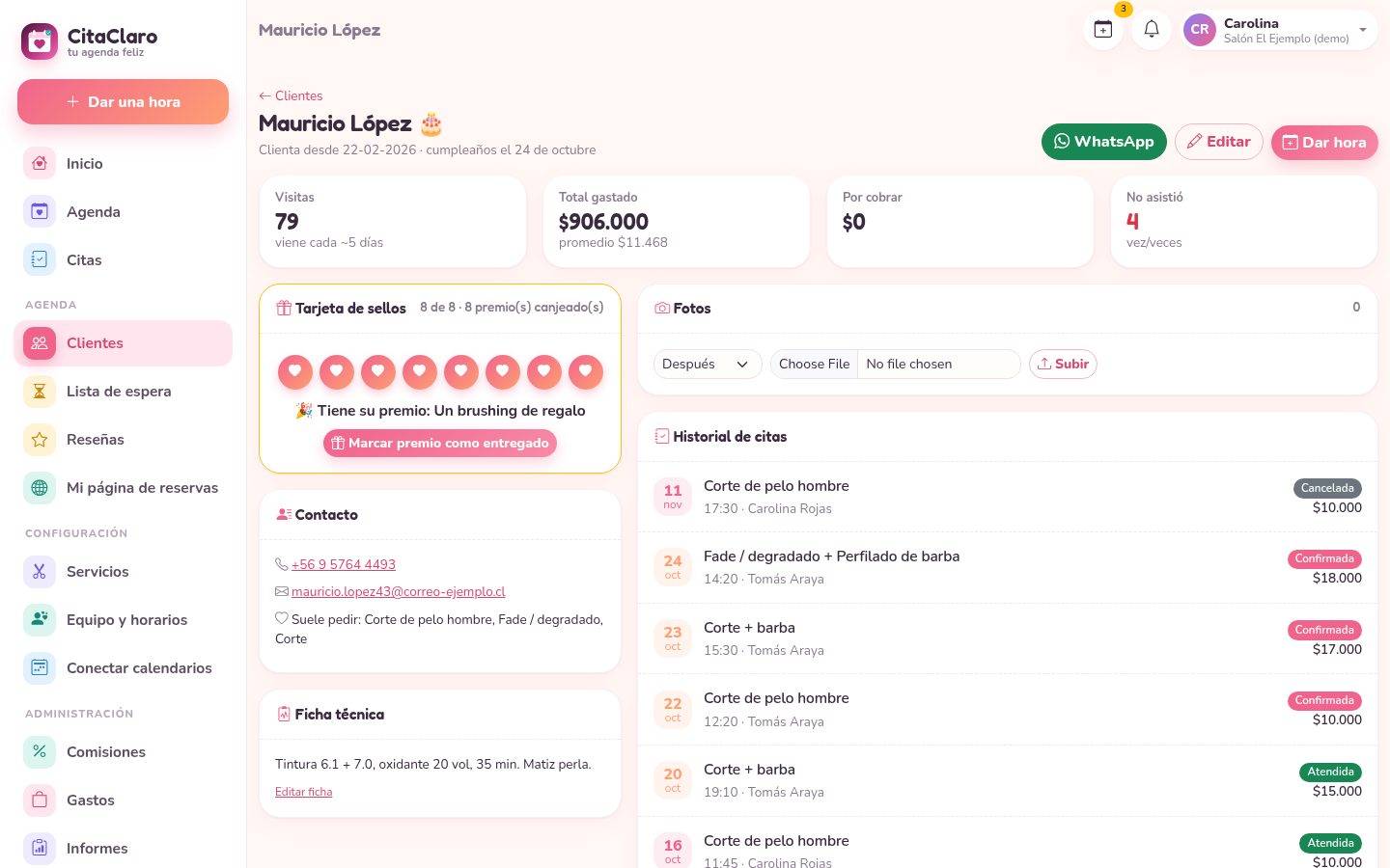 Ficha de una clienta con historial, alergias y fotos