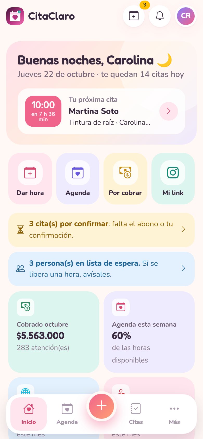 Inicio de CitaClaro en el celular, con la próxima cita del día