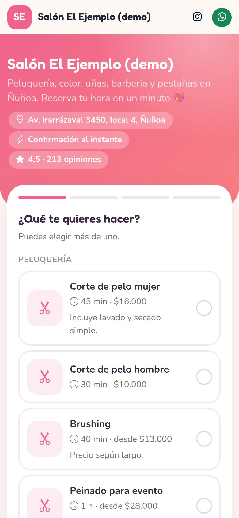 Página de reservas de un salón en el celular