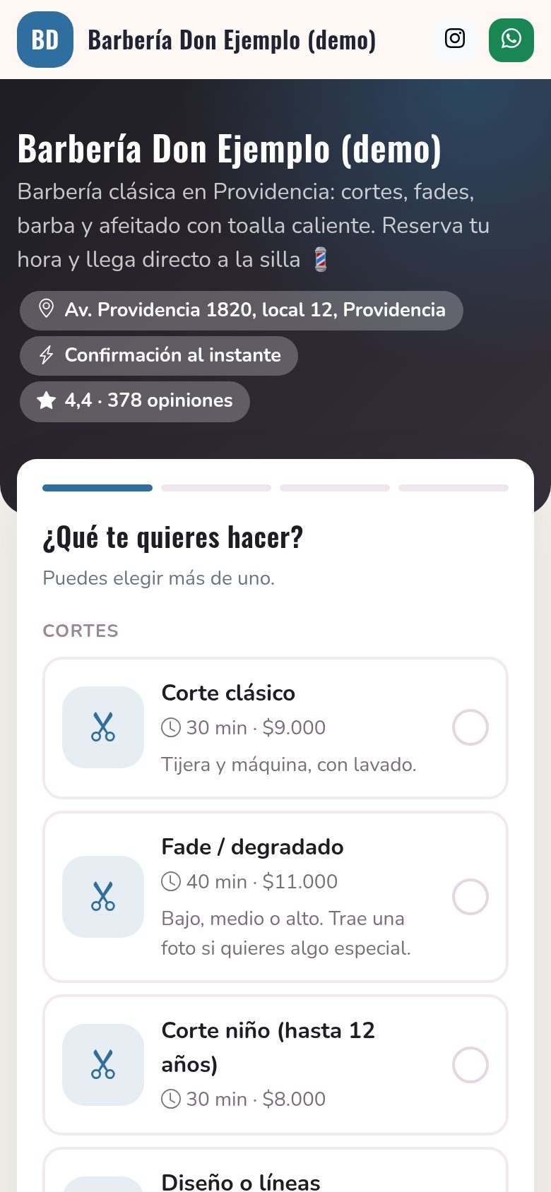 Página de reservas de una barbería en el celular