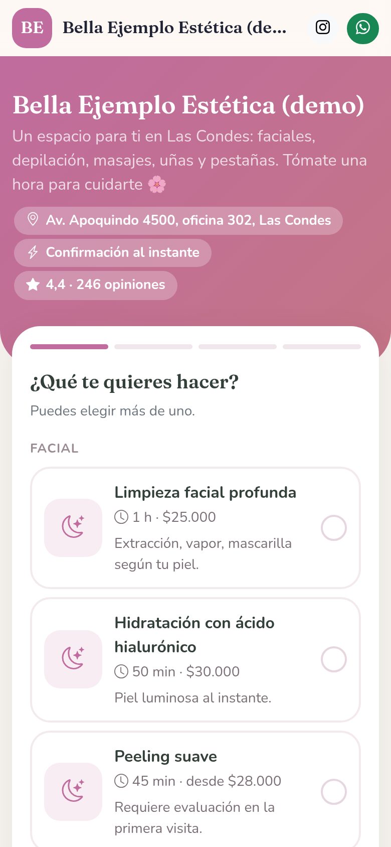Página de reservas de un centro de estética en el celular